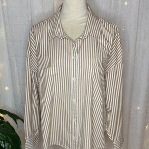 Old Navy Cropped Boyfriend Shirt Women’s XXL Beige White Striped Cotton Boxy